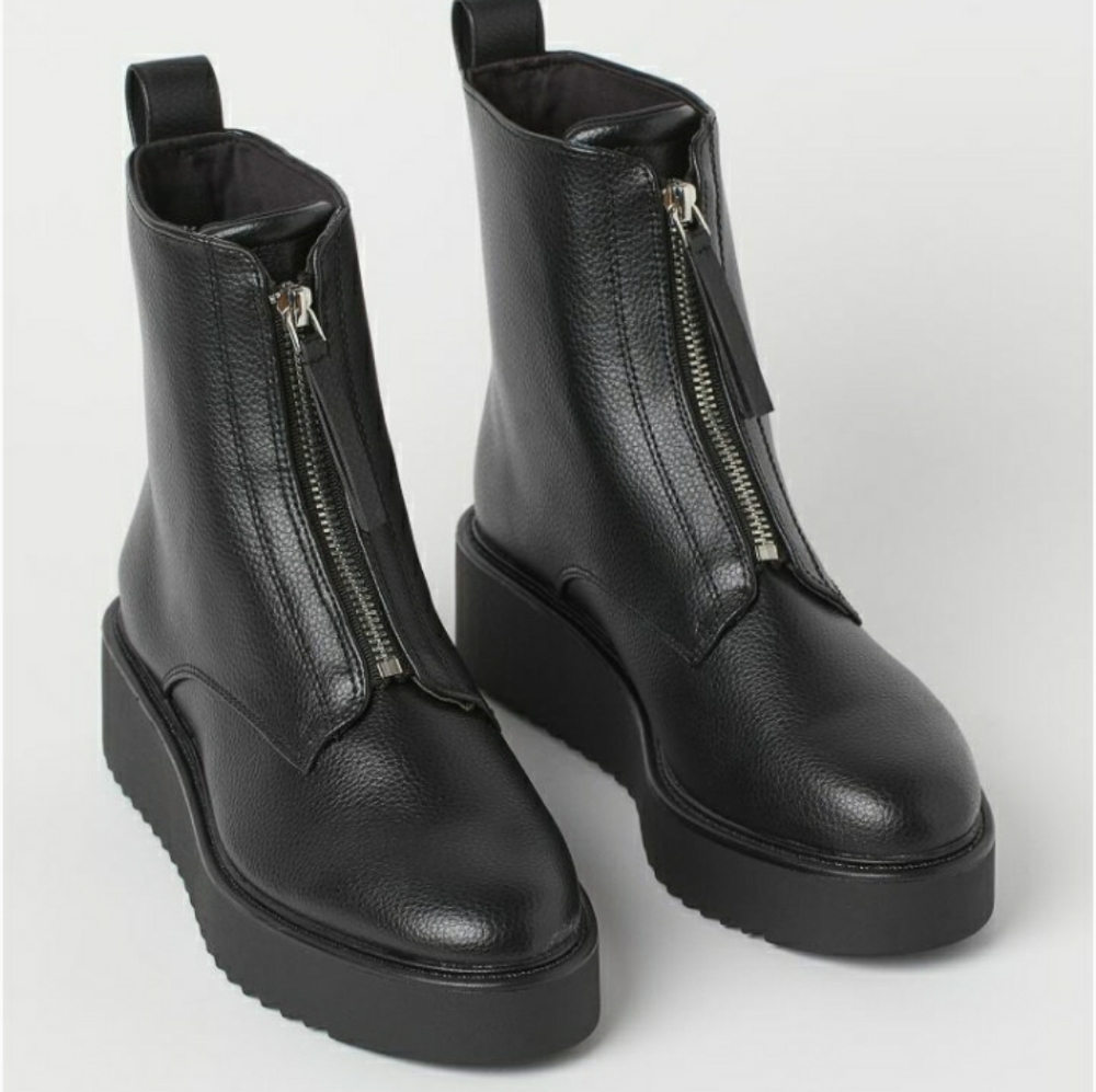H&M Black Platform Zip Front Leather Ankle Boots